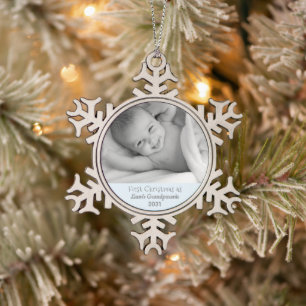 Grandparents 1st Christmas Personalised Photo Snowflake Pewter Christmas Ornament