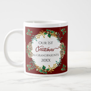 Grandparents 1st Christmas Photo Holly Pine Cones Large Coffee Mug