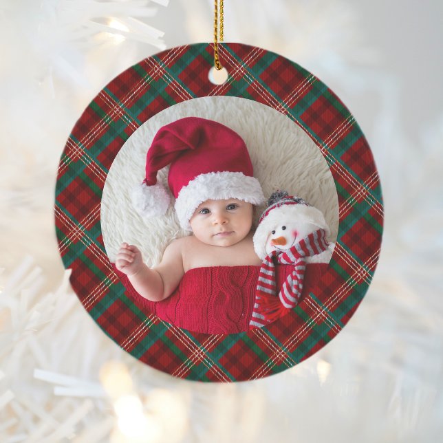 Grandparents 1st Christmas Photo Red Green Plaid Ceramic Ornament (Creator Uploaded)