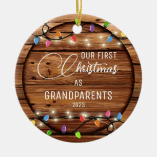 Grandparent's 1st Christmas Rustic Light Photo Ceramic Ornament