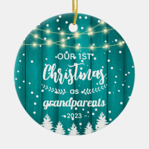 Grandparent's 1st Christmas Teal Rustic Photo Ceramic Ornament