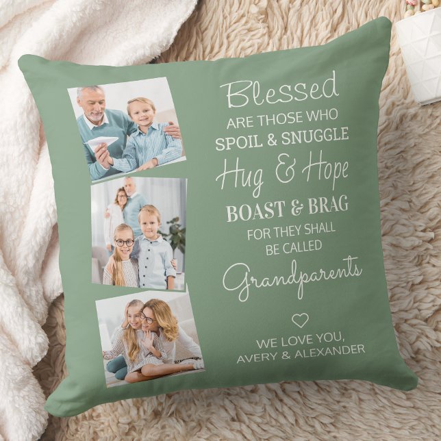 Grandparents 3 Photo Personalised Sage Green Cushion (Creator Uploaded)