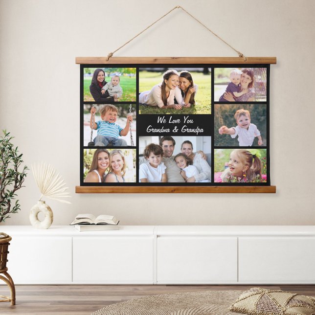 Grandparents 8 Photo Collage Black Hanging Tapestry (Creator Uploaded)