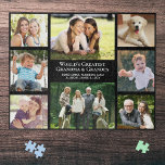 Grandparents 8 Photo Collage Jigsaw Puzzle<br><div class="desc">A fun gift for the world's best grandparents, this black jigsaw puzzle features an 8 photo collage of their grandchildren, family, pets, memories, etc. and "World's Greatest Grandparents" in elegant white typography. You can customize whether they are called "Grandma & Grandpa, " "Mommom & Poppop, " "Abuela & Abuelo, "...</div>