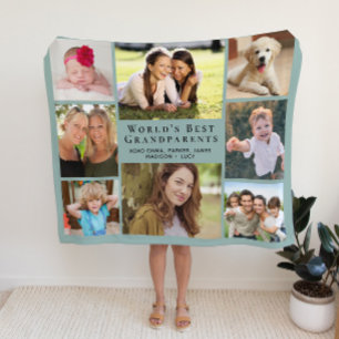 Grandparents 8 Photo Collage Sage Green Sherpa Blanket