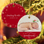 Grandparents Baby First Christmas Snowflakes Photo Ceramic Ornament<br><div class="desc">“Our First Christmas as grandparents.” A playful visual of champagne gold snowflakes overlaying the photo of your choice and white handwritten script typography with customised year over red, helps you usher in Christmas and New Year. On the back, additional champagne gold snowflakes and personalised handwritten typography of baby’s name and...</div>