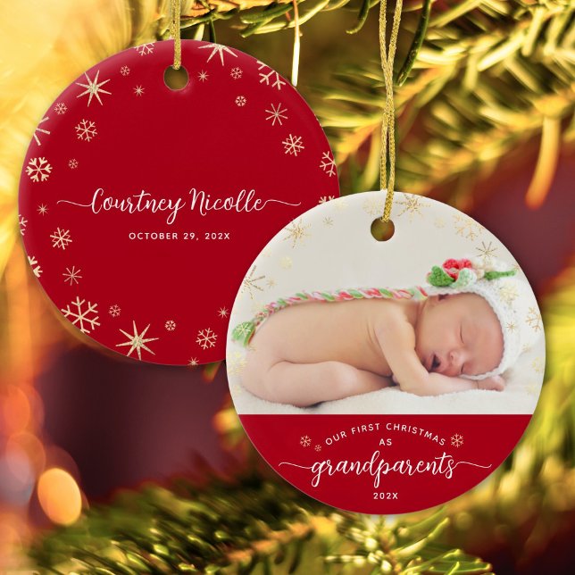 Grandparents Baby First Christmas Snowflakes Photo Ceramic Ornament (Creator Uploaded)