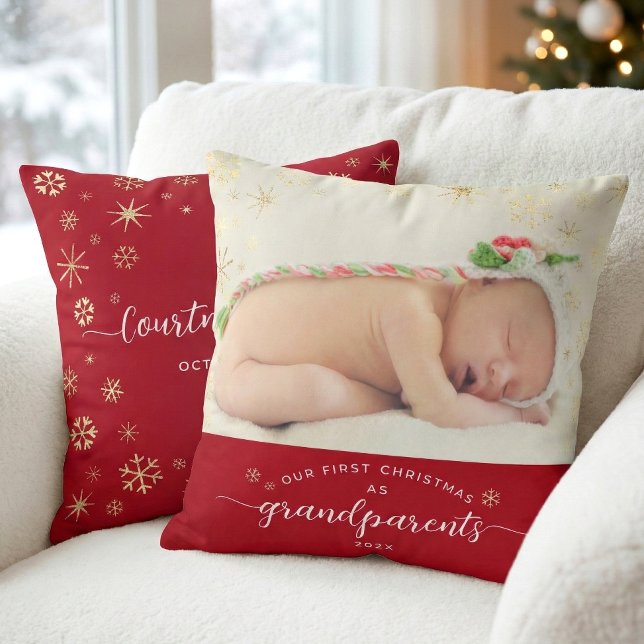 Grandparents Baby First Christmas Snowflakes Photo Cushion (Creator Uploaded)