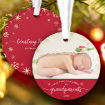 Grandparents Baby First Christmas Snowflakes Photo Ornament<br><div class="desc">“Our First Christmas as grandparents.” A playful visual of champagne gold snowflakes overlaying the photo of your choice and white handwritten script typography with customised year over red, helps you usher in Christmas and New Year. On the back, additional champagne gold snowflakes and personalised handwritten typography of baby’s name and...</div>