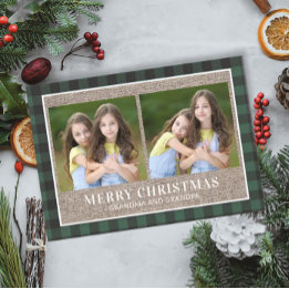Grandparents Christmas 2 Photo Green Buffalo Plaid Card