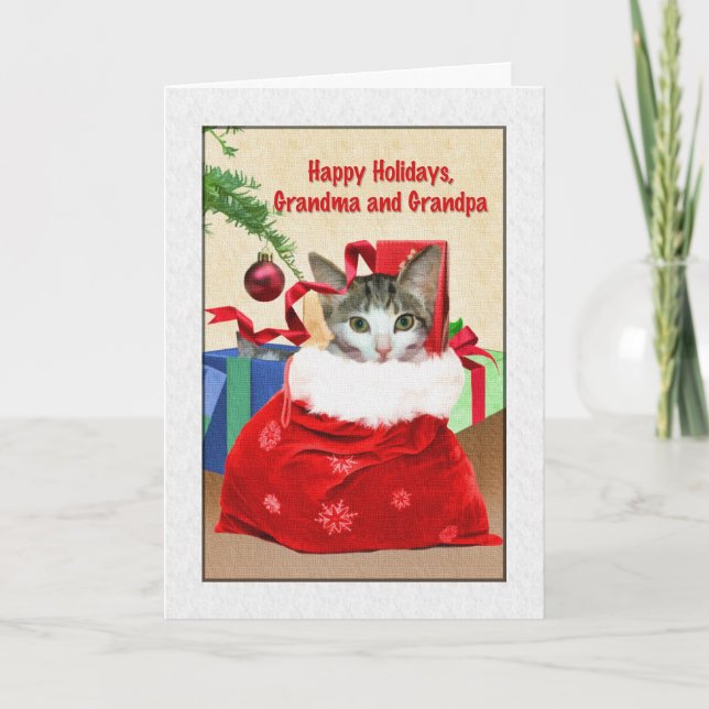 Grandparent's Christmas Card with Cat Under Tree (Front)