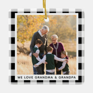 Grandparents Christmas Photo Black White Plaid Ceramic Ornament