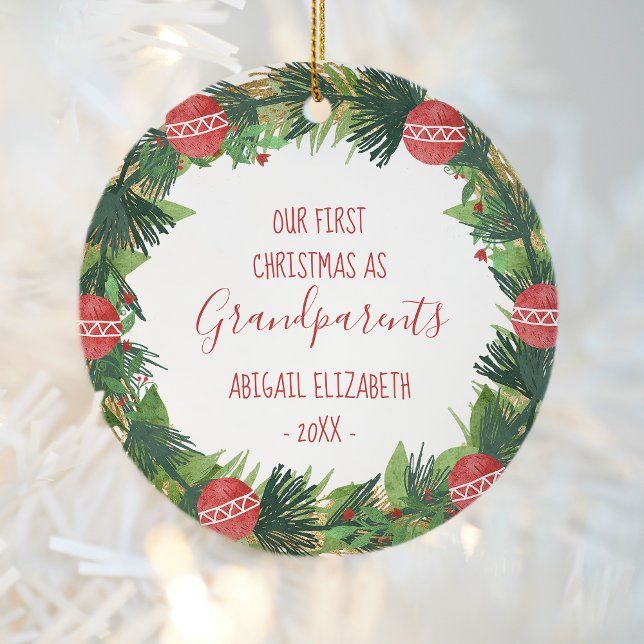 Grandparents First Christmas Baby Photo Wreath Ceramic Ornament (Creator Uploaded)