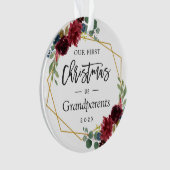 Grandparents First Christmas Burgundy Floral Photo Ornament (Front)