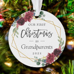 Grandparents First Christmas Burgundy Floral Photo Ornament<br><div class="desc">***** Don't forget to upload your favorite photo on the back. If you don't need the photo placement, you can remove it using design tool ***** Celebrate your First Christmas as Grandparents with this Burgundy Red Floral Geometric Frame Photo Ornament. Adding a favorite photo and text to this graceful design...</div>