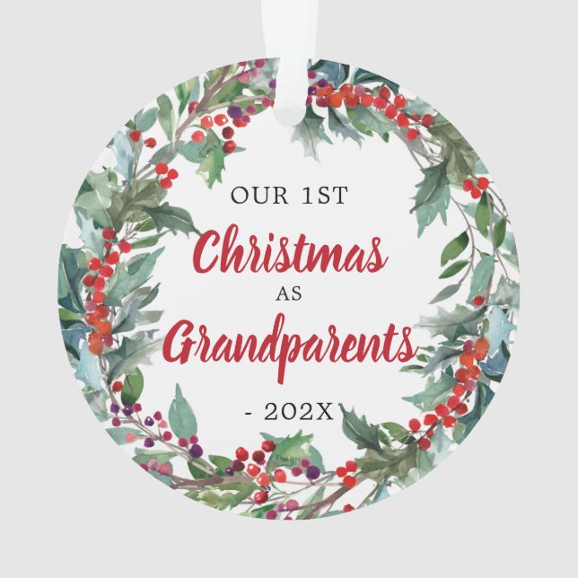Grandparents First Christmas floral berries Photo Ornament (Back)