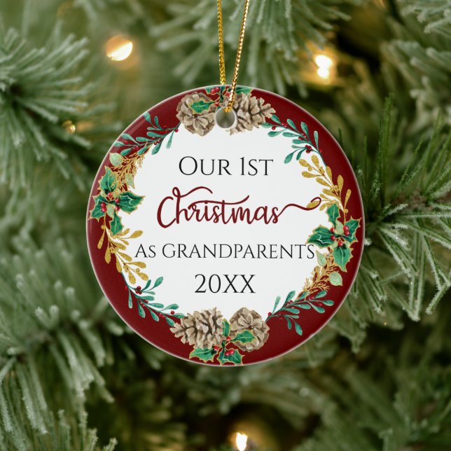 Grandparents First Christmas Holly Pine Cone Photo Ceramic Ornament (Tree)
