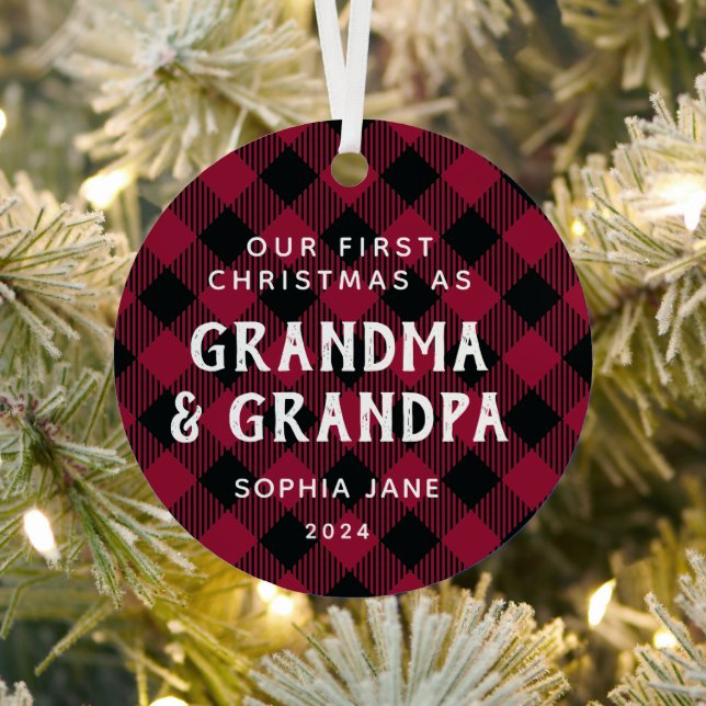 Grandparents First Christmas New Baby Photo Plaid Metal Tree Decoration (Insitu)