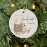 Grandparents First Christmas Photo and Teddy Bear Ceramic Ornament<br><div class="desc">Our First Christmas as Grandparents with your photo on the back and traditional boho nursery design on the front. You can also personalise with baby's name and the year. The baby nursery themed design features a teddy bear, toy basket, bunny dog and wooden toy. Personalise with your names and the...</div>