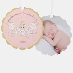 Grandparents First Christmas Photo Angel Gold Pink Tree Decoration Card