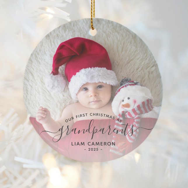 Grandparents First Christmas Photo Black Script Ceramic Ornament (Creator Uploaded)