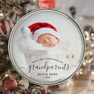 Grandparents First Christmas Photo Black Script Metal Ornament