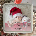 Grandparents First Christmas Photo Black Script Metal Ornament<br><div class="desc">Help them celebrate their first grandchild with this beautiful modern keepsake ornament. The off-black text reads "Our first Christmas as grandparents, " with the word "grandparents" in elegant handwriting script with flourishes before and after. Easily replace the sample image with your favorite photo of the new baby, and add his...</div>