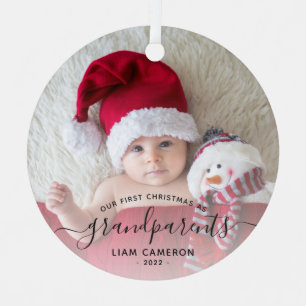 Grandparents First Christmas Photo Black Script Metal Tree Decoration
