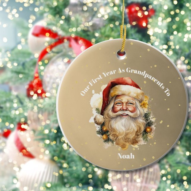 Grandparents First  Christmas Photo Gold Santa  Ceramic Ornament (Creator Uploaded)