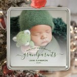 Grandparents First Christmas Photo Green Script Metal Ornament<br><div class="desc">Help them celebrate their first grandchild with this beautiful modern keepsake ornament. The green text reads "Our first Christmas as grandparents, " with the word "grandparents" in elegant handwriting script with flourishes before and after. Easily replace the sample image with your favorite photo of the new baby, and add his...</div>