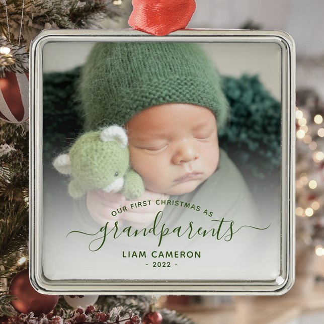 Grandparents First Christmas Photo Green Script Metal Ornament (Creator Uploaded)