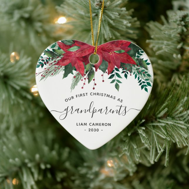Grandparents First Christmas Photo Poinsettia Ceramic Ornament (Tree)