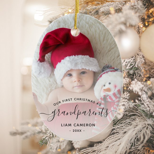 Grandparents First Christmas Photo Script Oval Ceramic Ornament (Creator Uploaded)