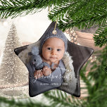 Grandparents First Christmas Photo White Script Ce Ceramic Ornament<br><div class="desc">Help them celebrate their first grandchild with this beautiful modern keepsake ornament. The white text reads "Our first Christmas as grandparents, " with the word "grandparents" in elegant handwriting script with flourishes before and after. Easily replace the sample image with your favorite photo of the new baby, and add his...</div>