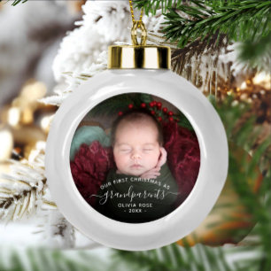 Grandparents First Christmas Photo White Script Ceramic Ball Christmas Ornament