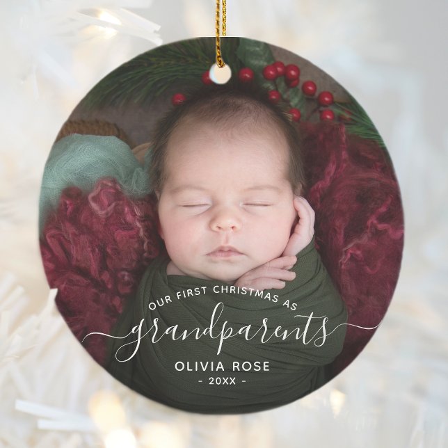 Grandparents First Christmas Photo White Script Ceramic Ornament (Creator Uploaded)