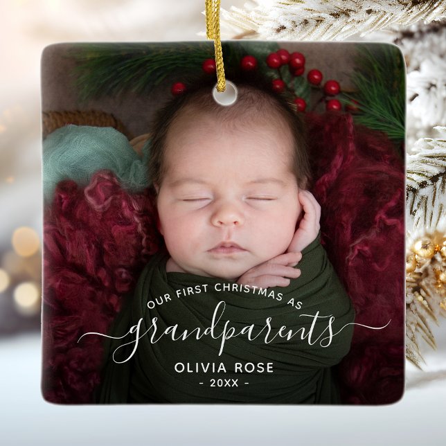 Grandparents First Christmas Photo White Script Ceramic Ornament (Creator Uploaded)
