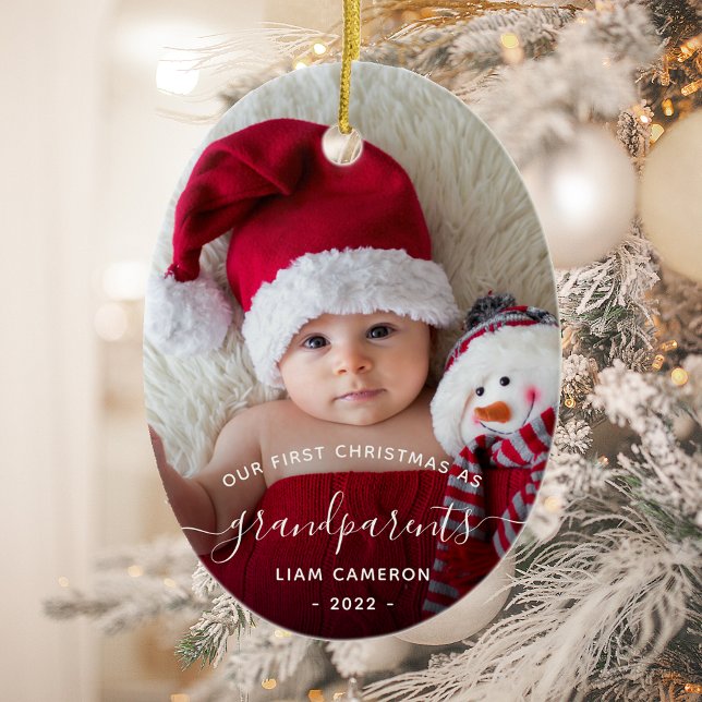 Grandparents First Christmas Photo White Script Ceramic Ornament (Creator Uploaded)