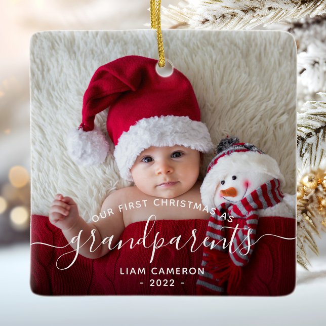 Grandparents First Christmas Photo White Script Ceramic Ornament (Creator Uploaded)