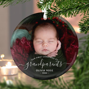 Grandparents First Christmas Photo White Script Glass Tree Decoration