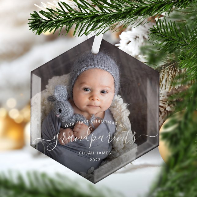 Grandparents First Christmas Photo White Script Glass Tree Decoration (Creator Uploaded)