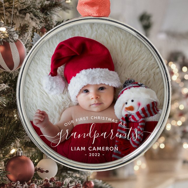 Grandparents First Christmas Photo White Script Metal Ornament (Creator Uploaded)