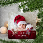 Grandparents First Christmas Photo White Script Metal Tree Decoration<br><div class="desc">Help them celebrate their first grandchild with this beautiful modern keepsake ornament. The off-black text reads "Our first Christmas as grandparents, " with the word "grandparents" in elegant handwriting script with flourishes before and after. Easily replace the sample image with your favourite photo of the new baby, and add his...</div>