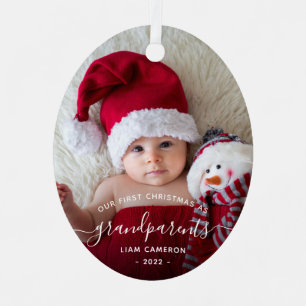 Grandparents First Christmas Photo White Script Metal Tree Decoration