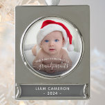 Grandparents First Christmas Photo White Script Silver Plated Banner Ornament<br><div class="desc">Help them celebrate their first grandchild with this beautiful modern keepsake ornament. The white text reads "Our first Christmas as grandparents, " with the word "grandparents" in elegant handwriting script with flourishes before and after. Easily replace the sample images with your favourite photos of the new baby, and add his...</div>