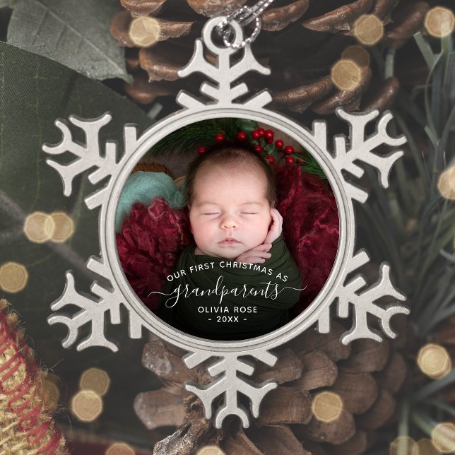 Grandparents First Christmas Photo White Script Snowflake Pewter Christmas Ornament (Creator Uploaded)