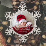 Grandparents First Christmas Photo White Script Snowflake Pewter Christmas Ornament<br><div class="desc">Help them celebrate their first grandchild with this beautiful modern keepsake ornament. The white text reads "Our first Christmas as grandparents, " with the word "grandparents" in elegant handwriting script with flourishes before and after. Easily replace the sample image with your favourite photo of the new baby, and add his...</div>