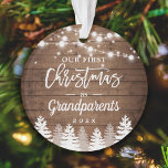 Grandparents First Christmas Pine Trees Photo Ornament<br><div class="desc">***** Don't forget to upload your favourite photo on the back. If you don't need the photo placement, you can remove it using design tool ***** Celebrate your First Christmas as Grandparents with this Rustic Wood Look String Lights Pine Trees Photo Ornament. Adding a favourite photo and text to this...</div>