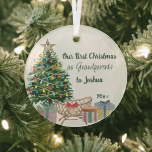 Grandparents First Christmas Tree and Crib Glass Tree Decoration