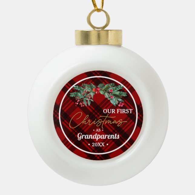 Grandparent's First Custom Branded  Ceramic Ball Christmas Ornament (Front)